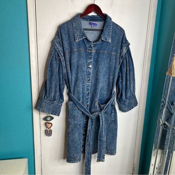 Future Collective Kahlana Barfield Brown Puff Sleeve Denim Dress Size 16W/18W - Picture 5 of 11